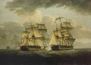 An oil painting of a naval engagement between the French frigate Semillante and British frigate Venus in 1793